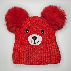 NEW Red Kids Teddy Bear Knit Pom Pom Beanie Sherpa Lined Soft & Warm Winter Hat Gift