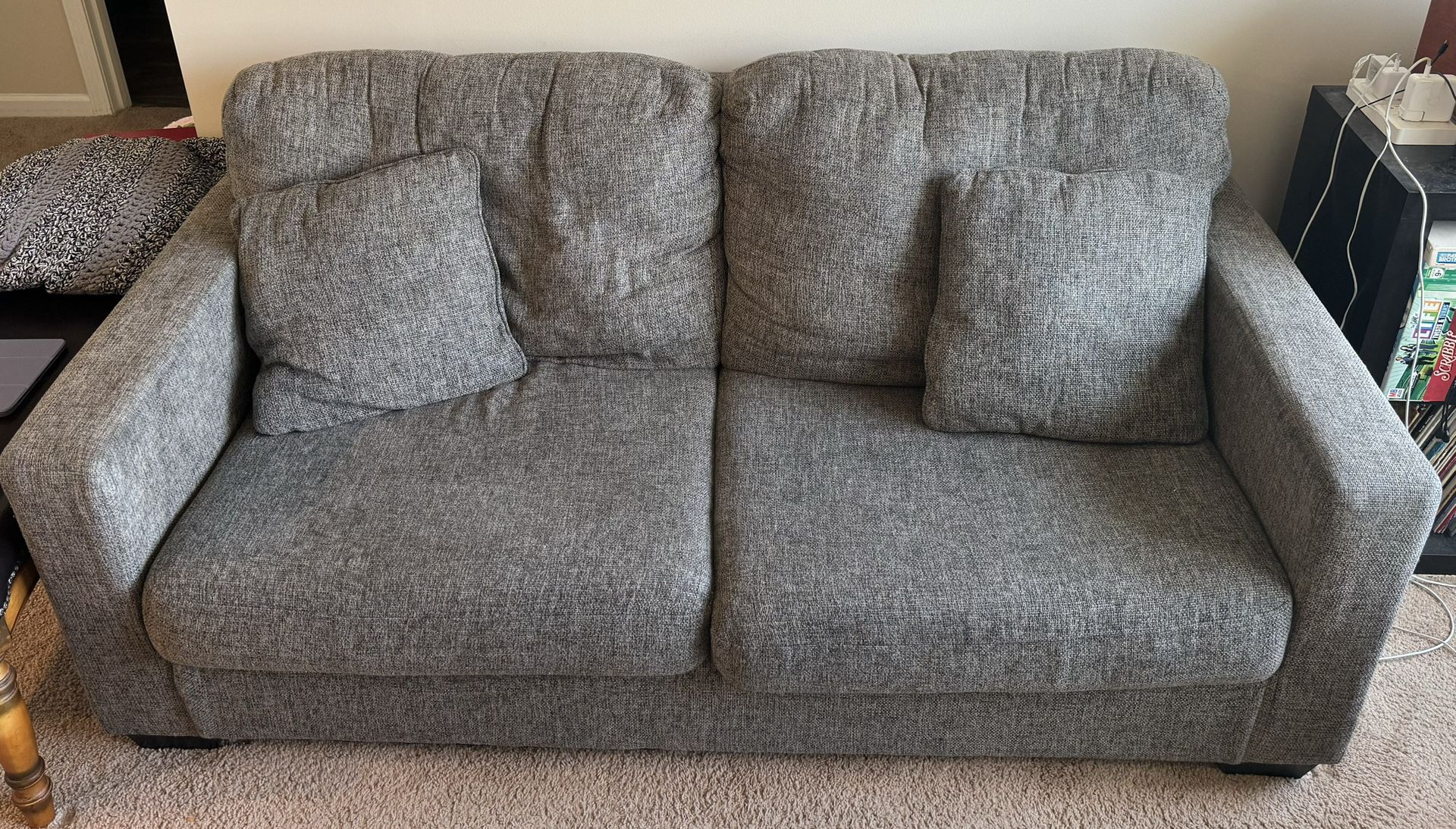Two Gray Couches with Four Pillows