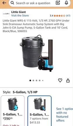Little Giant WRS-6 115-Volt, 1/3 HP, 2760 GPH Under Sink Drainosaur Automatic Sump System with Big John 6-CIA Sump Pump, 5-Gallon Tank and 10' Cord, B