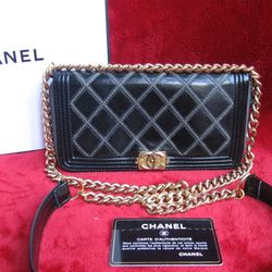 Authentic Chanel Black Leather Long  Boy Bag Wallet