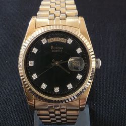 VTG 90's Bulova T3 President Day Date Quartz 97D39 Black Dial Gold Tone Watch 