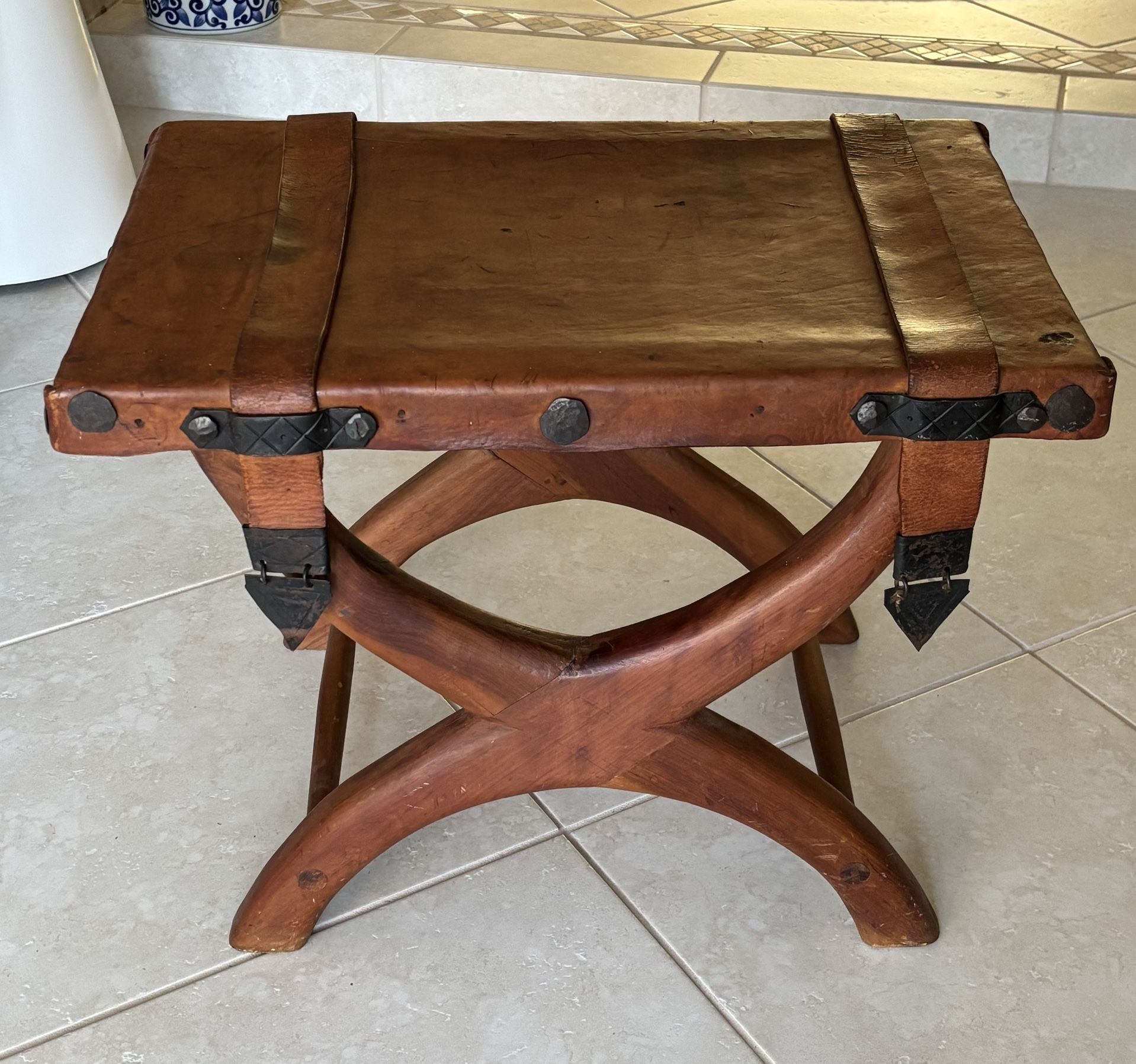 Spanish Colonial Curule Mahogany and Leather Stool Ottoman 