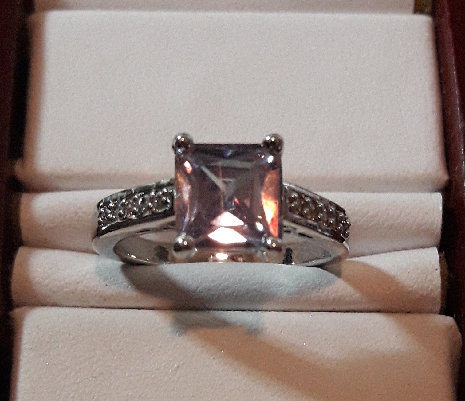 925 EP Cocktail Ring, Solitaire Princess Cut Tourmaline w (10) Round Cut White Topaz Accents. Size 8