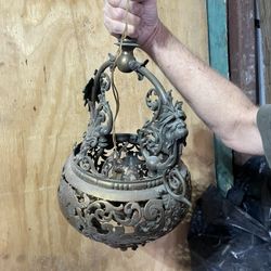 Antique French Renaissance Gothic Cast Brass Green Man Chandelier Lantern