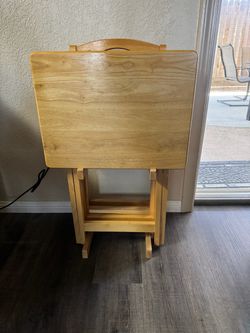 4 Wooden Folding TV Tray Tables with Storage Stand