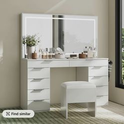 White Vanity Desk With Mirror And LED light