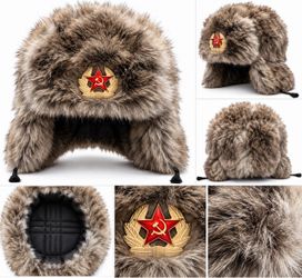 Russian Ushanka Fur Hat with Soviet Badge