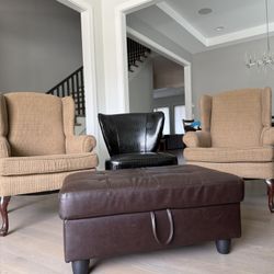 2 Brown Wing Chairs + 1 Black Faux Wing Chair + 1 Brown Ottoman 