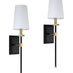 Brand New In The Box-Lighting 1 Light Classic Rustic Wall Sconce Fixture Off White Textile Lamp Shade Chrome Tapered Column Stand with Oil Rubbed Bron