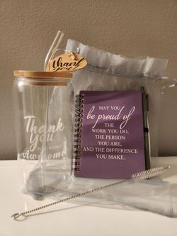 Thank You Glass Tumbler, Straw, Cleaning Brush, And Notepad With Pen