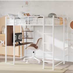 Merax Full Size Metal Loft Bed with 2 Shelves and one Desk,Full Loft Bed,Easy Assembly, Full Size,White