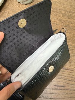 DKNY Sina Mini Crossbody Black Faux Patent Leather Embossed Logo NWT