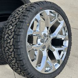 Set Of 24x10 CHROME SNOWFLAKES WITH ALL TERRAIN 33 inch Tires Message Me For Info Big Sale 