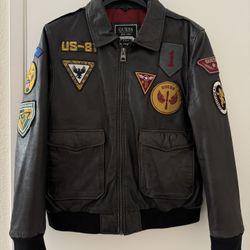 NWT Guess Patched Aviator Leather Bomber Jacket, Sz M 