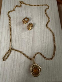 Juego cadena aretes Gold Filled Piedras ámbar joyería antigua