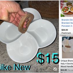 $15 Brandani Divided Serving Dish 4 Sections White Porcelain Bamboo Handle Made in Italy