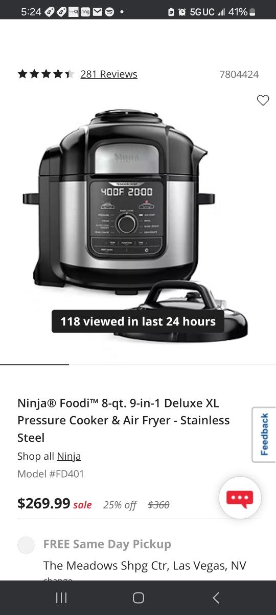 Ninja FD401 LP3 Foodi 12 in Deluxe XL Pressure Cooker