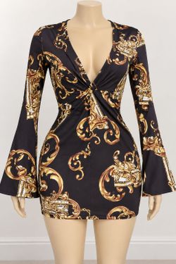 Black Gold Baroque Print Mini Dress
