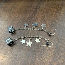 Vintage dangle Stars and Dice silver tone earrings