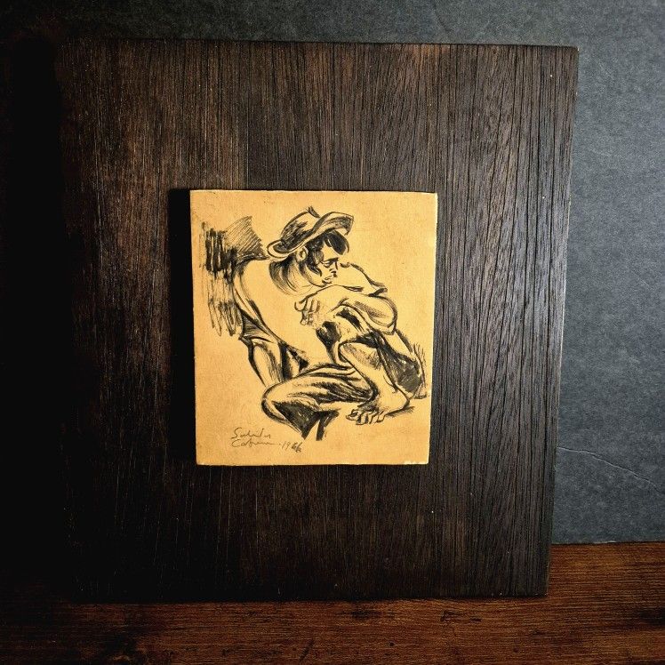 Vintage 1966 Sketch on Wood Signed - 12"x12" Mounted Art Panel