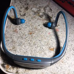 grey/blue bluetooth headset