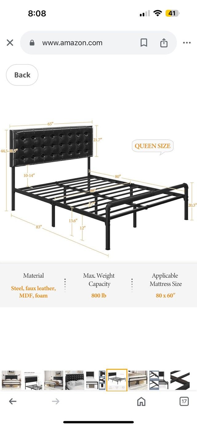 Queen Bed Frame Metal Platform Bed with Faux Leather Height Adjustable Headboard, 12 Inch Underbed Storage/Noise Free/No Box Spring Needed/Industrial