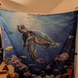 Turtle Sea Themed Shower Curtain And Seashell Hooks
