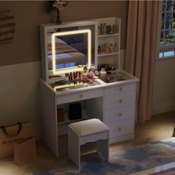 White Makeup Vanity Set Dressing Desk with Glass Top, Sliding LED Lighted Mirror, Drawers, Storage Shelves and Stool