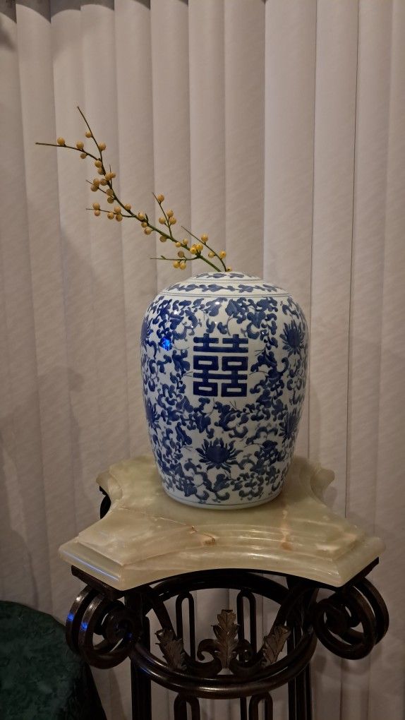Rare Vintage Chinese Blue And White Double Happiness Calligraphic Ceramic Vase One Piece 13" Tall.