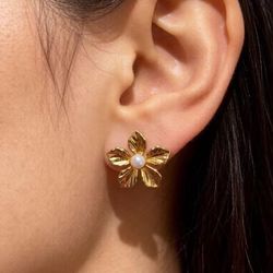 Gold Flower and Pearl Stud Earrings