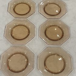 Set of six octagonal amber Depression glass plates by US Glass Co. 7”