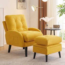 Accent Chairs with Ottoman,Upholstered Linen Fabric Comfy Armchair with Adjustable Backrest and Storage Footrest,Lazy Chair Reading Chair Leisure Sofa