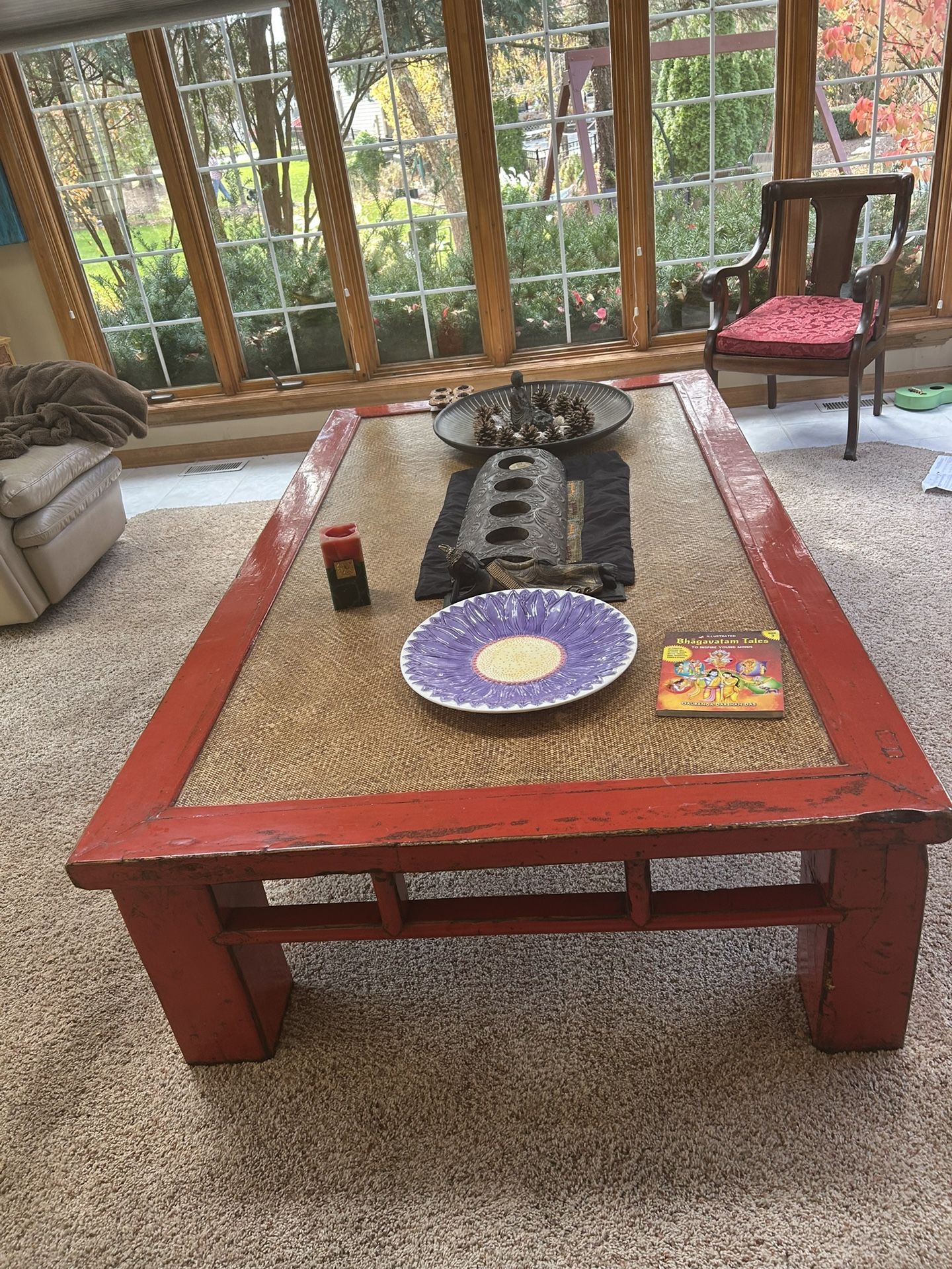 Antique Chinese Early 20th Century Red Lacquer Coffee Table with Hand-Woven Rattan Top