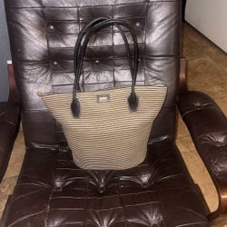 Eric Javits Stripe Black & Beige Straw Leather Tote Handbag  Color Tan Brown 