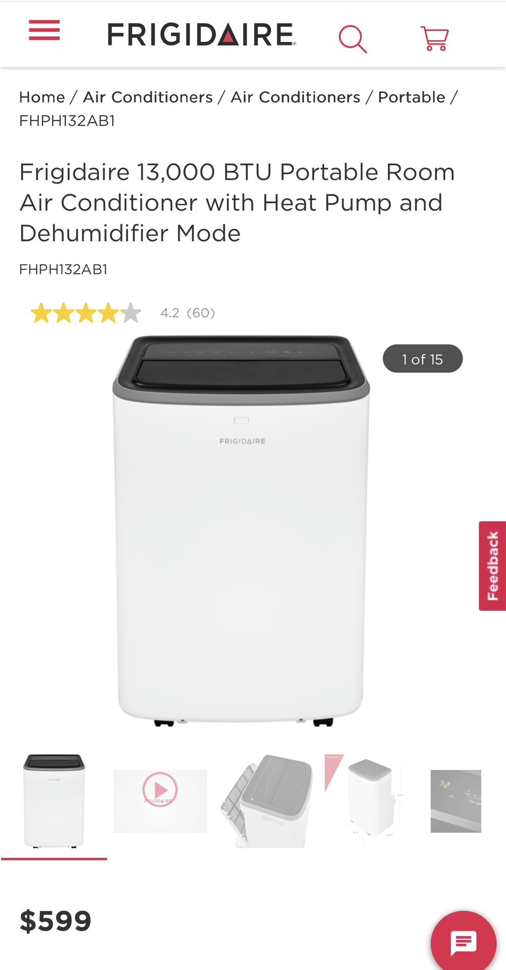 Frigidaire 13,000 BTU Portable AC with Heat Pump and Dehumidifier