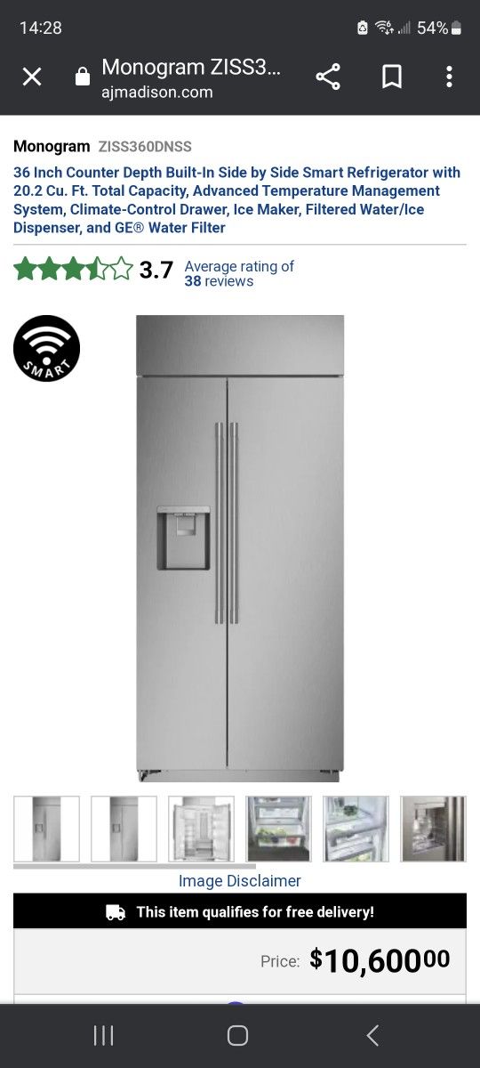 GE Monogram Refrigerator Stainless Counter Depth Side By Side 36" x 26