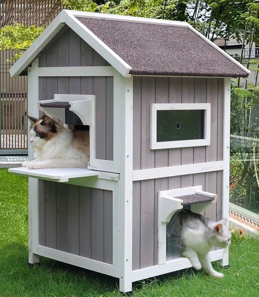 New Rockever Outdoor Cat House, 2 Story Outdoor Houses for Feral Cats Wooden Outside Cat Shelter Weatherproof with Escape Door