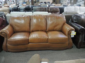 Rocky Mountain Leather Cognac Genuine Leather Roll-Arm Sofa - Nailhead Trim - Floor Sample Outlet