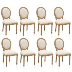 French Country Dining Chairs Set of 8, Upholstered Dining Room Chairs with Round Backrest, Linen Dining Chairs for Dining Room, Bedroom, Kitchen, Beig