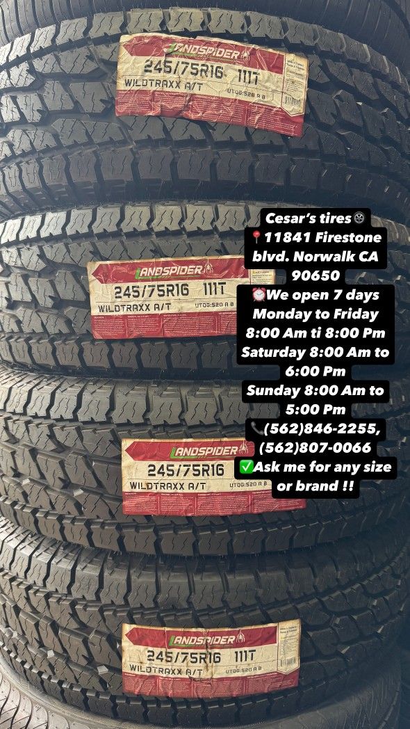 245/75R16 LANDSPIDER AT A SET OF FOUR NEW TIRES, INCLUDES MOUNTING AND BALANCING WITH WARRANTY, ASK ME FOR ANY SIZE OR BRAND, WE HAVE THE BEST PRICES