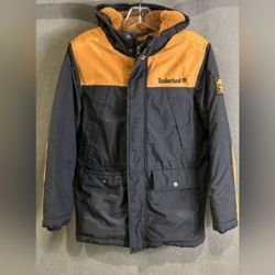 Timberland Black and Orange Tan Hooded Jacket Coat Women Medium