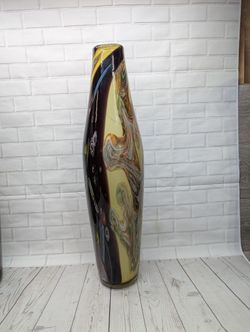 Hand Blown Mid Century Modern Style Art Glass Decorative Vase with Earth Tone Swirls 26"