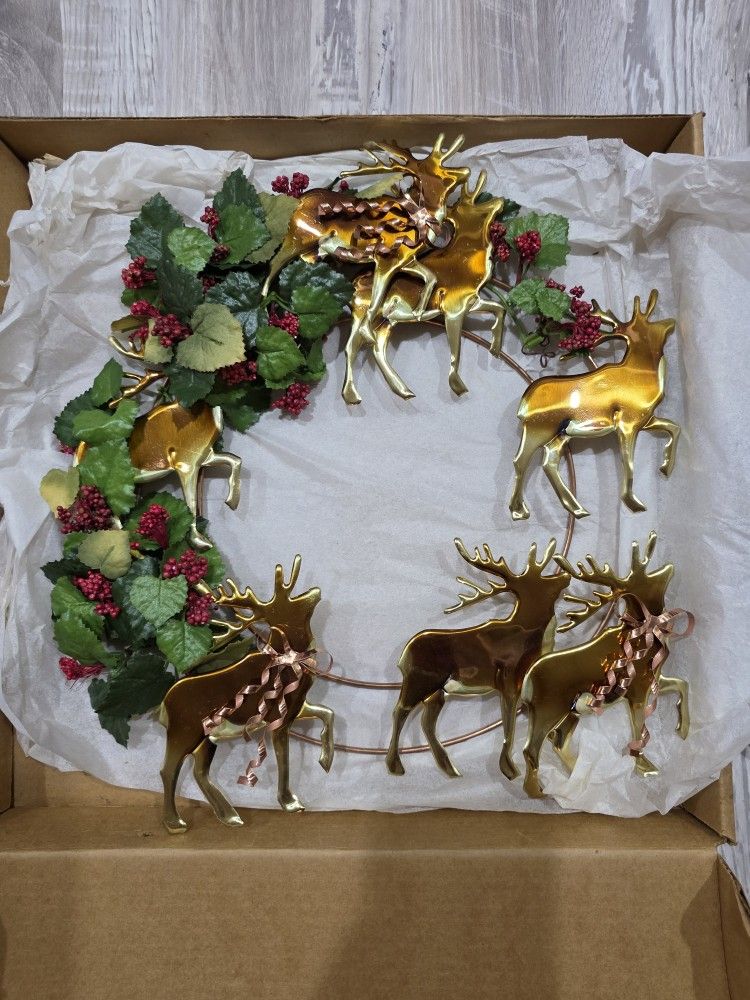 Vintage Brass & Copper Reindeer Wreath Christmas Door or Wall Decor Seasonal