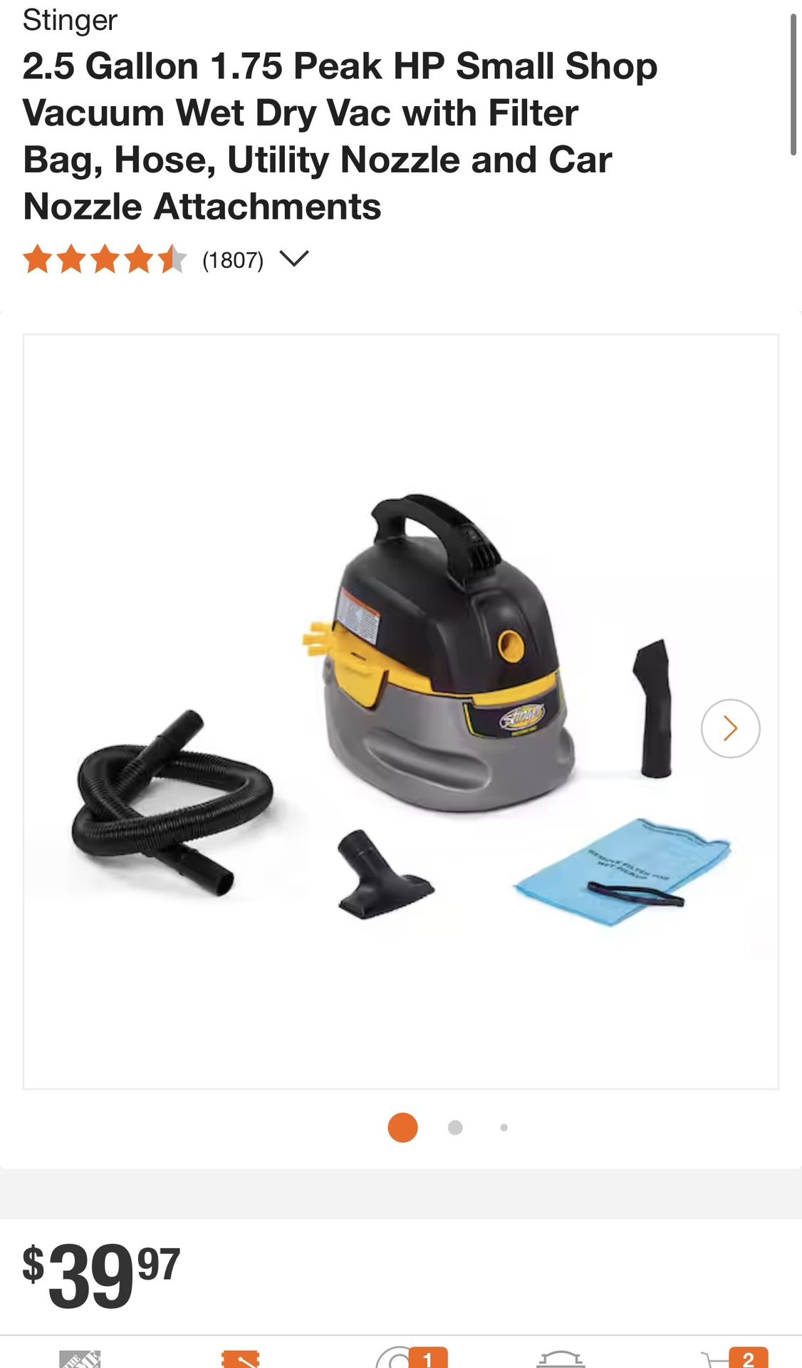 Stinger 2.5 Gallon 1.75 Peak HP Small Shop Vacuum Wet Dry Vac with Filter Bag, Hose, Utility Nozzle and Car Nozzle Attachments