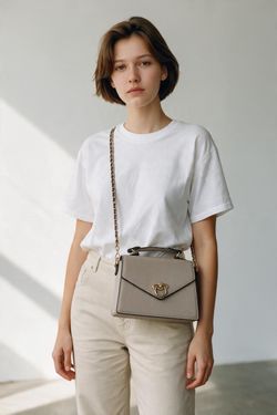 Kensie Crossbody Bag Flap Closure Gold O-Ring Chain Strap Top Handle Beige