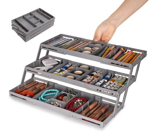 3-Tier Expandable Folding Organizer for Makeup, Jewelry, Desk, Office Drawers