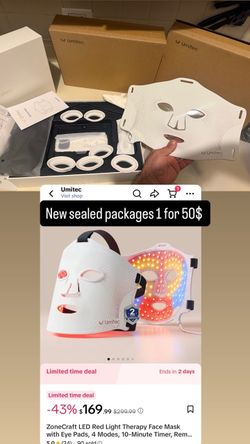 ZoneCraft LED Red Light Therapy Face Mask with Eye Pads, 4 Modes, 10-Minute Timer, Remote Control, 4000mAh Rechargeable Battery, Batteries Included, H