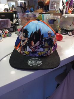 Dragon Ball Z snapback cap featuring characters from the Vegeta Saga (specifically Vegeta, Raditz, and Nappa on the front panel).