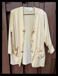 Vintage 80s-90s Cardigan Jacket w/ Shoulder Pads Beige Fleece Open Front Pockets