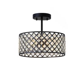 Modern Black Crystal Ceiling Light Fixture – Semi-Flush Mount Design, Round Compact Chandelier with 3 Lights, 12-Inch Size